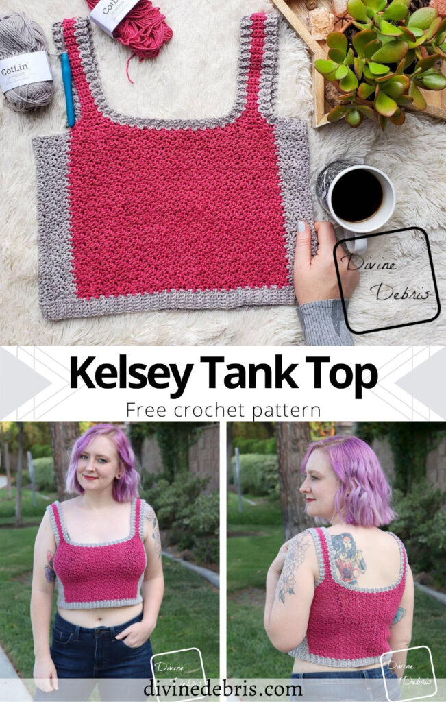 Learn to make the fun and wonderfully textured Kelsey Tank Top, in sizes XS - 5X, from a free crochet pattern available on DivineDebris.com.