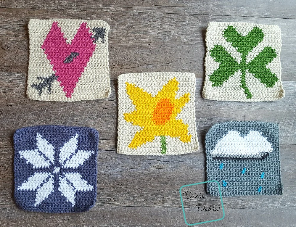 [Image description] 5 of the 2018 Tapestry Square Afghan Project squares