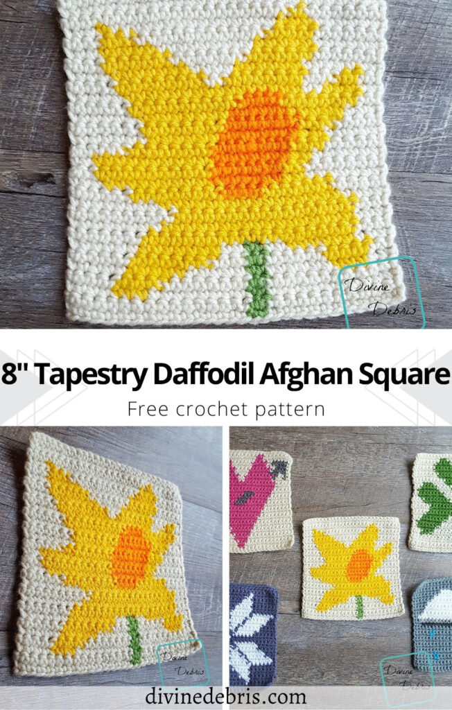 Learn to make this fun and stylized 8" daffodil crochet square from a free crochet pattern by Divine Debris.