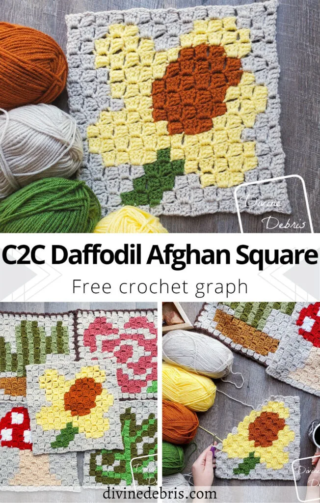 Learn to make the fun and unique free crochet C2C Daffodil Afghan Square from an easy to follow graph available on DivineDebris.com