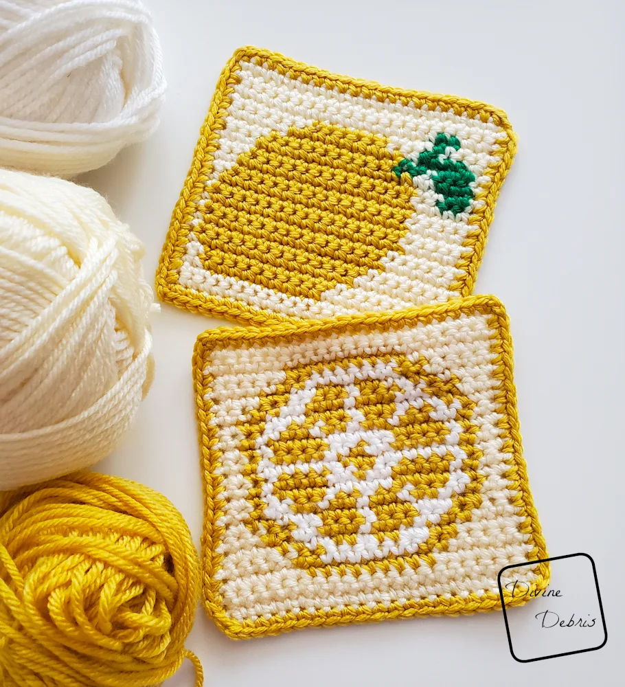 [Image description] Cute Lemons Squares on a white background with yarn along the left side of the photo