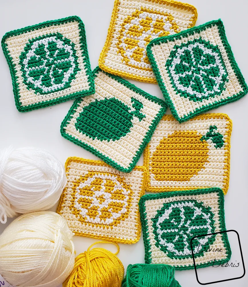[Image description] Cute Lemons Squares and Cute Lime Squares randomly assorted on a white background with yarn along the left side of the photo
