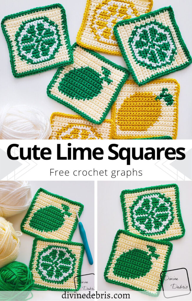 Learn to make the Cute Lime Squares from a free set of crochet graphs by Divine Debris. Perfect for blankets, knitting, cross stitch, coasters, or even a whole sweater.
