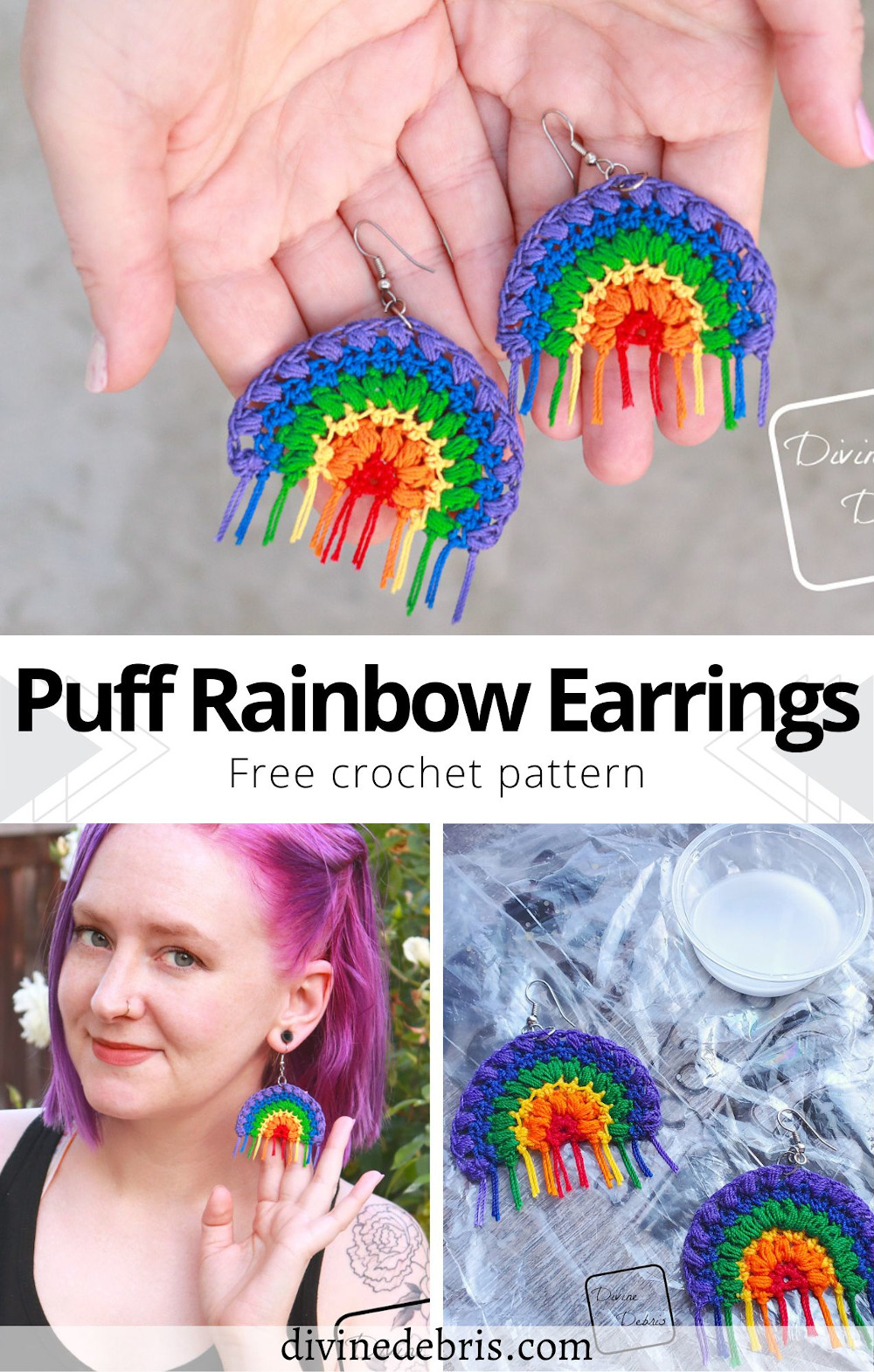 Learn to make the Puff Rainbow Earrings, an easy and fun crochet thread accessory, from a free crochet pattern photo tutorial on DivineDebris.com