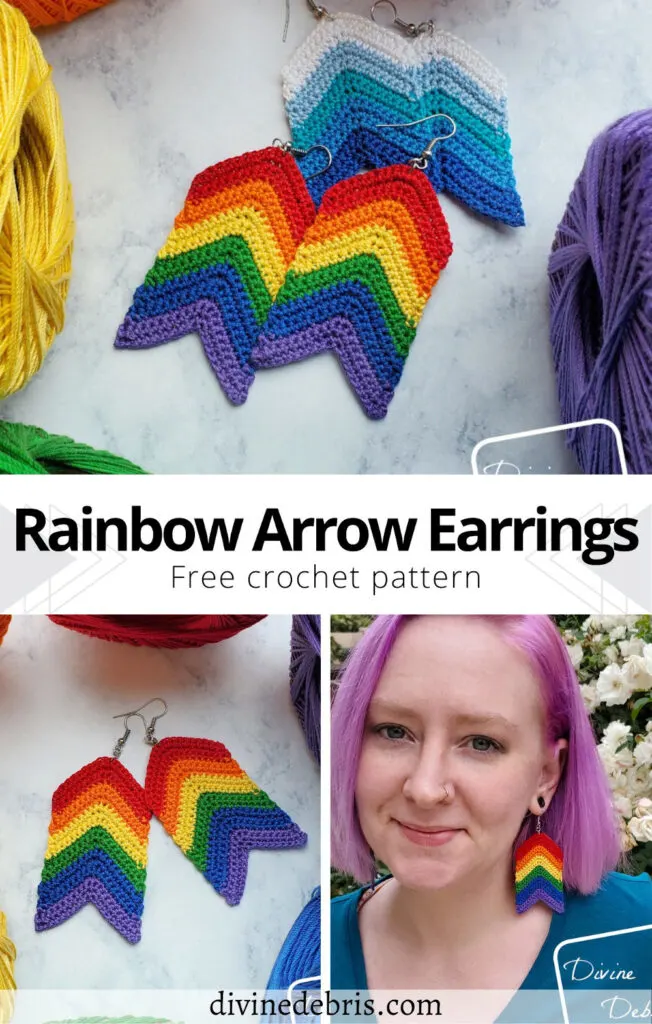 Learn to make the fun and easy Rainbow Arrow Earrings from a free crochet pattern. These are great for 6 colors or 2, you decide your style.