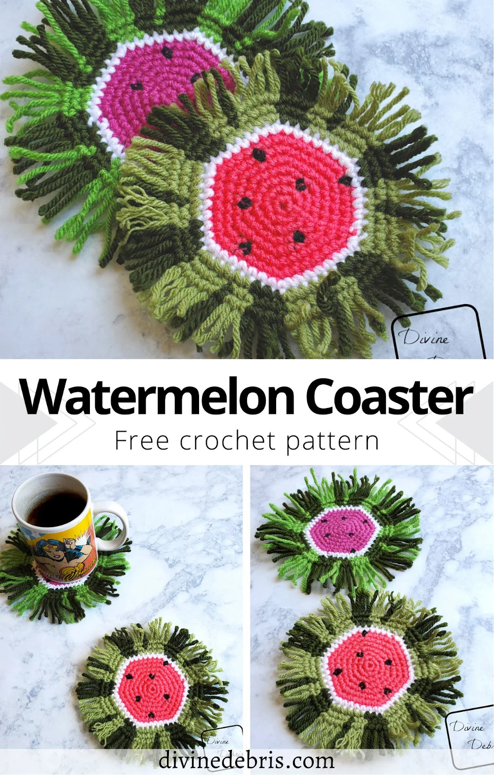 Update your Summer home decor with this fun and stash-busting free crochet pattern, the Watermelon Coaster with fringe, by DivineDebris.com