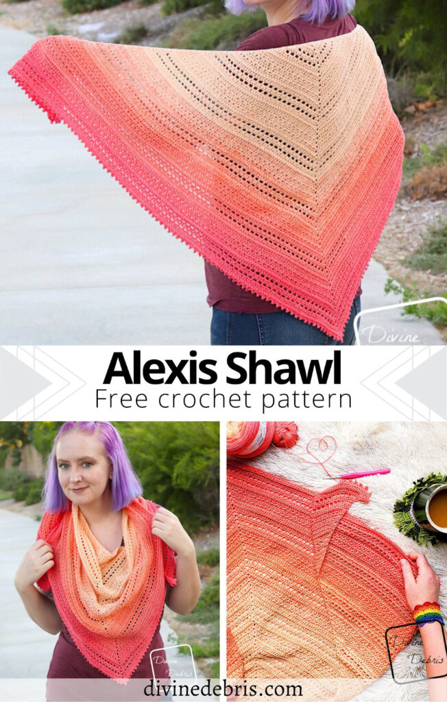 Learn to make the fun, easy, and sport weight shawl, the Alexis Shawl, from a free crochet pattern designed by Divine Debris.