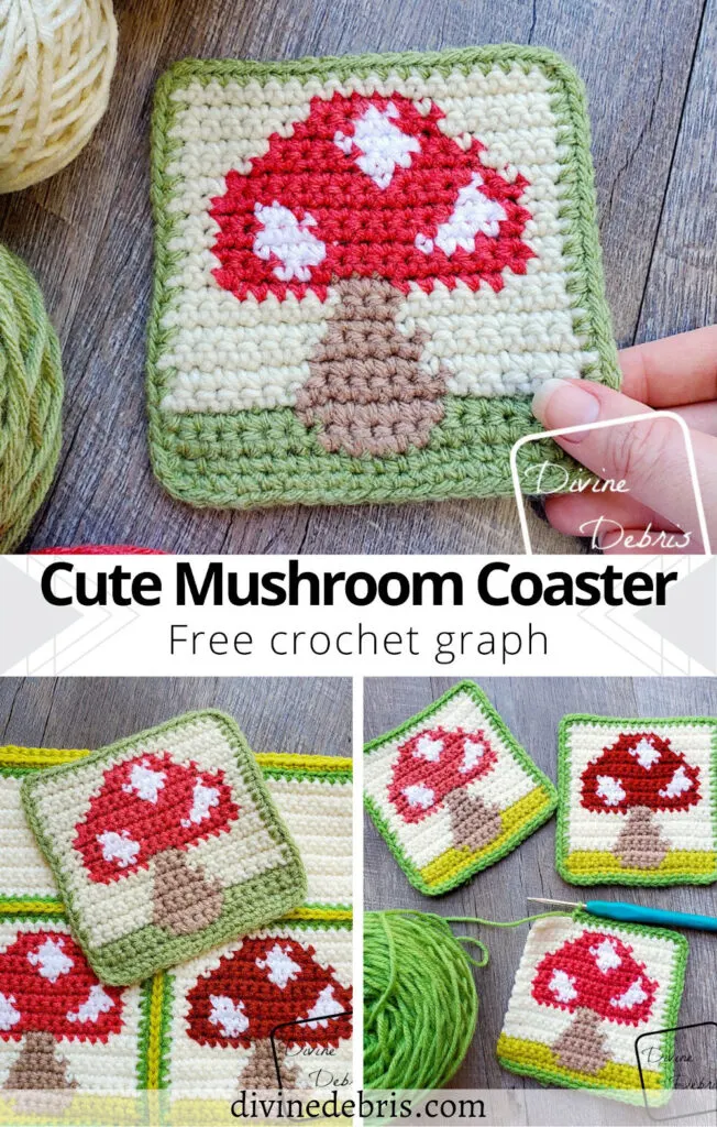 Learn to make this fun and colorful Cute Mushroom Coaster from a free crochet graph, also great for knitting, cross stitch, and more!