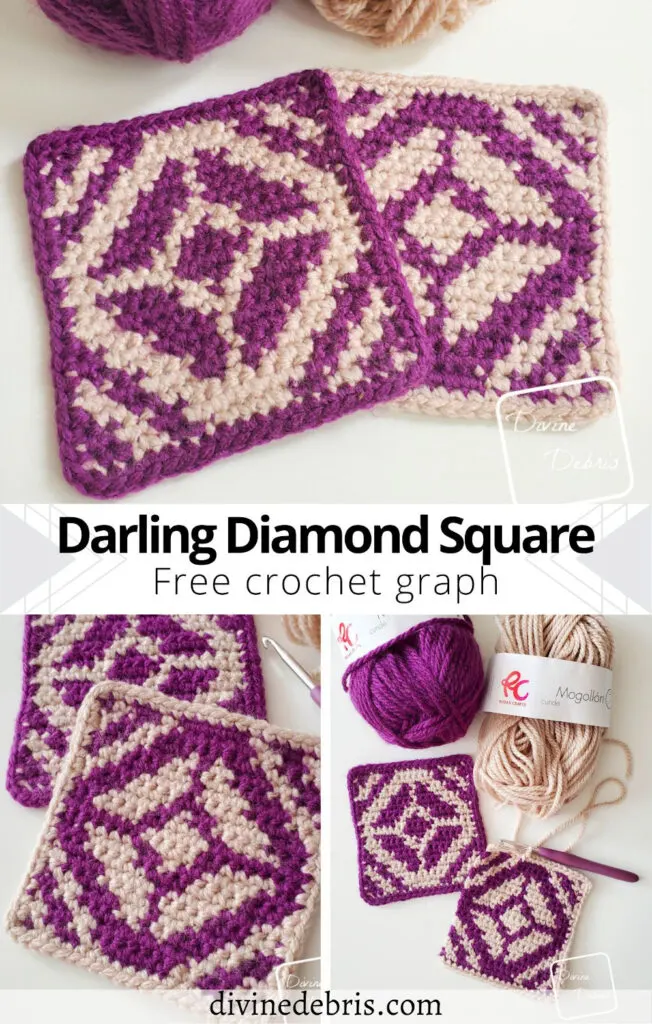 Learn to make the fun 2 color geometric inspired design, the Darling Diamond Square crochet pattern from Divine Debris