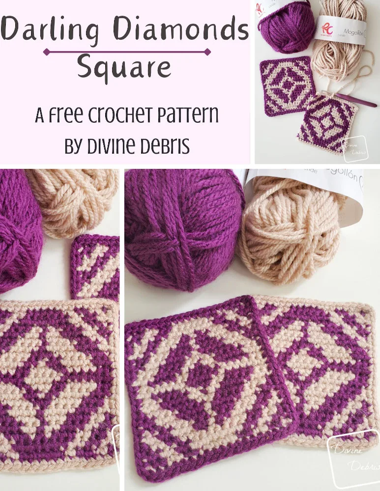 Learn to make the fun 2 color geometric inspired design, the Darling Diamond Square crochet pattern from Divine Debris