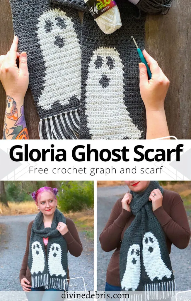 Have fun with Halloween and make the cute and sorta spooky Gloria Ghost Scarf from a free crochet pattern by DivineDebris.com