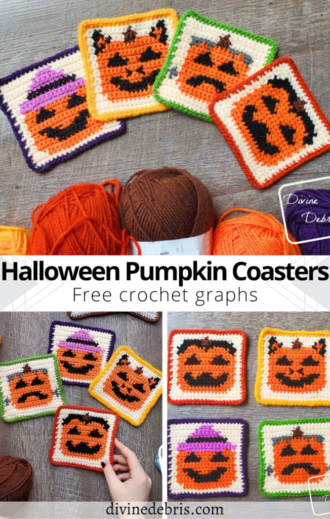 Learn to make the fun and cute October themed patterns, the four Halloween Pumpkin Coasters, from a free crochet pattern on DivineDebris.com