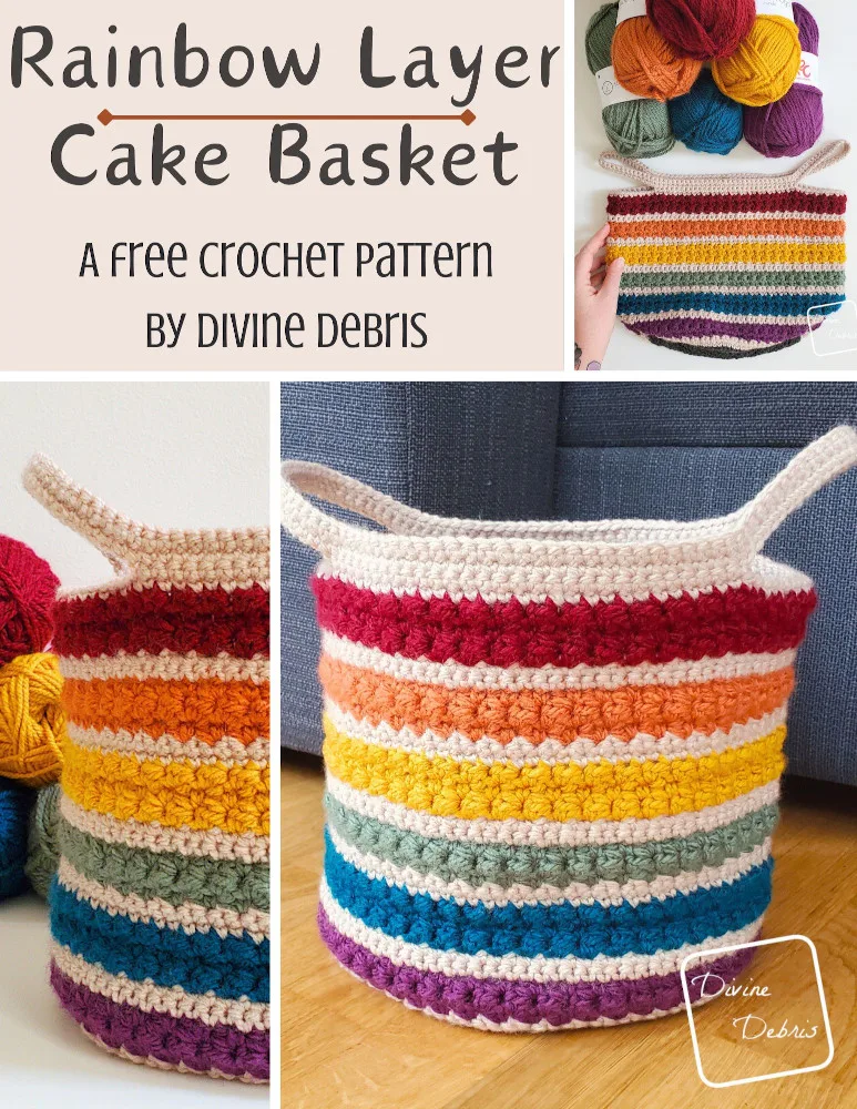 Learn to make the fun, bright, and striped Rainbow Layer Cake Basket from a free crochet pattern by Divine Debris
