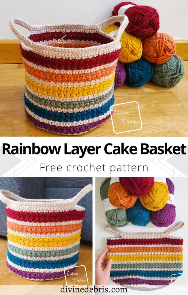 Learn to make the fun, bright, and striped Rainbow Layer Cake Basket from a free crochet pattern by Divine Debris