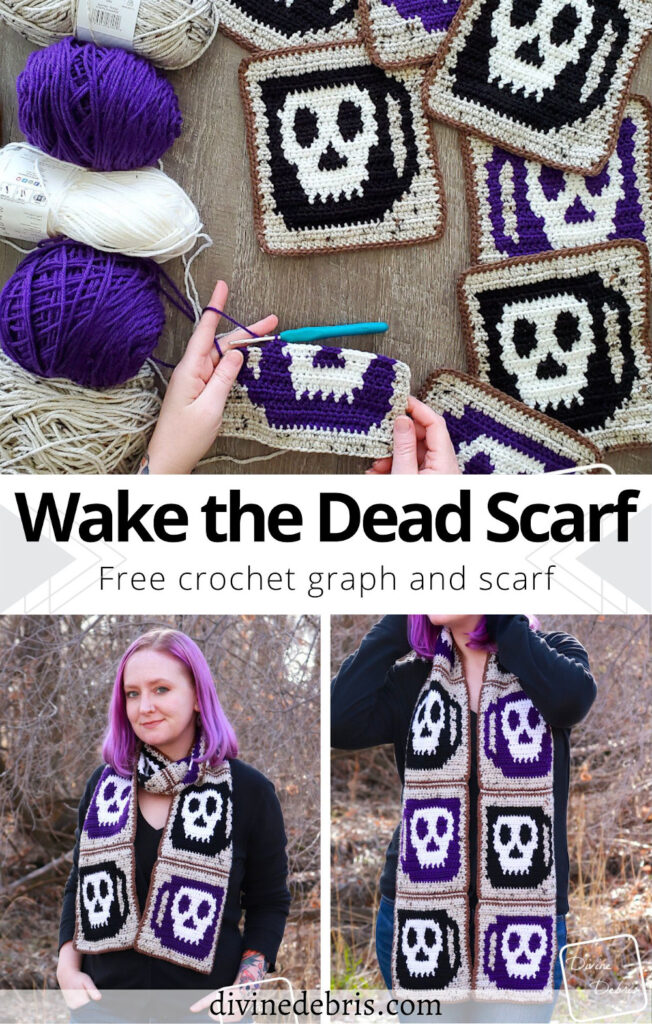 Learn to make the Wake the Dead Scarf - a fun coffee cup and skull design in this square based pattern from a graph by Divine Debris.