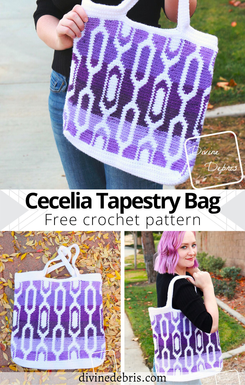 Learn to make the fun, retro, and exciting tapestry crochet Cecelia Tapestry Bag from a free crochet pattern on DivineDebris.com.