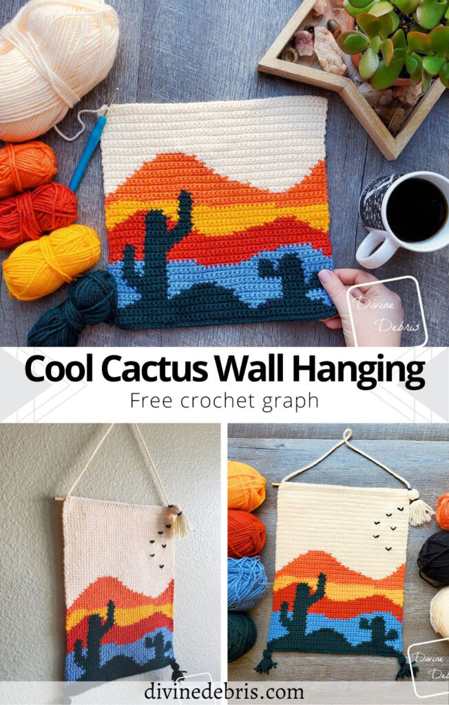 Learn to make the fun, bright, and endlessly customizable Cool Cactus Wall-Hanging tapestry crochet pattern free by DivineDebris.com