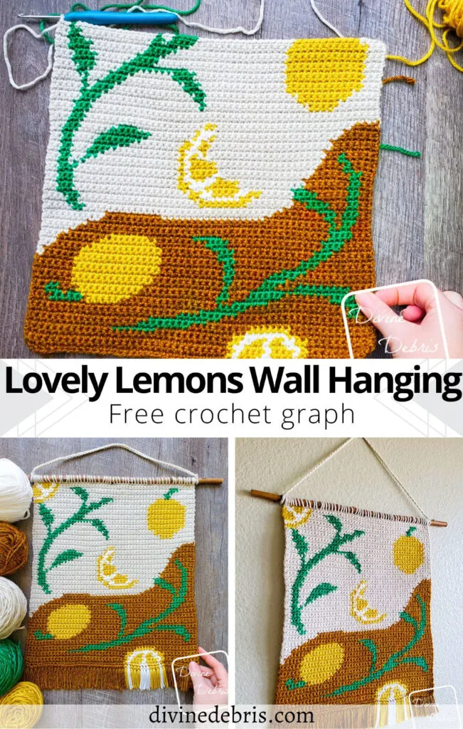 Learn to make the fun and colorful Lovely Lemons Wall Hanging from a free crochet graph by Divine Debris. Great for knitting too.