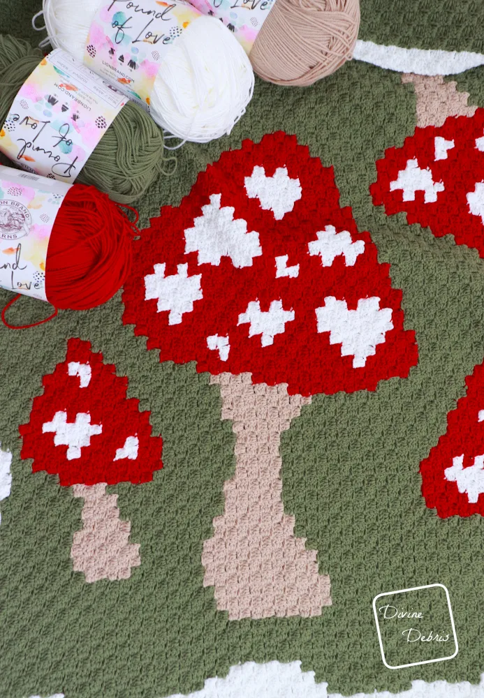 [Image description] A close up of a mushroom on the Mushroom Love Blanket, with 4 skeins of yarn along the top left side of the frame.