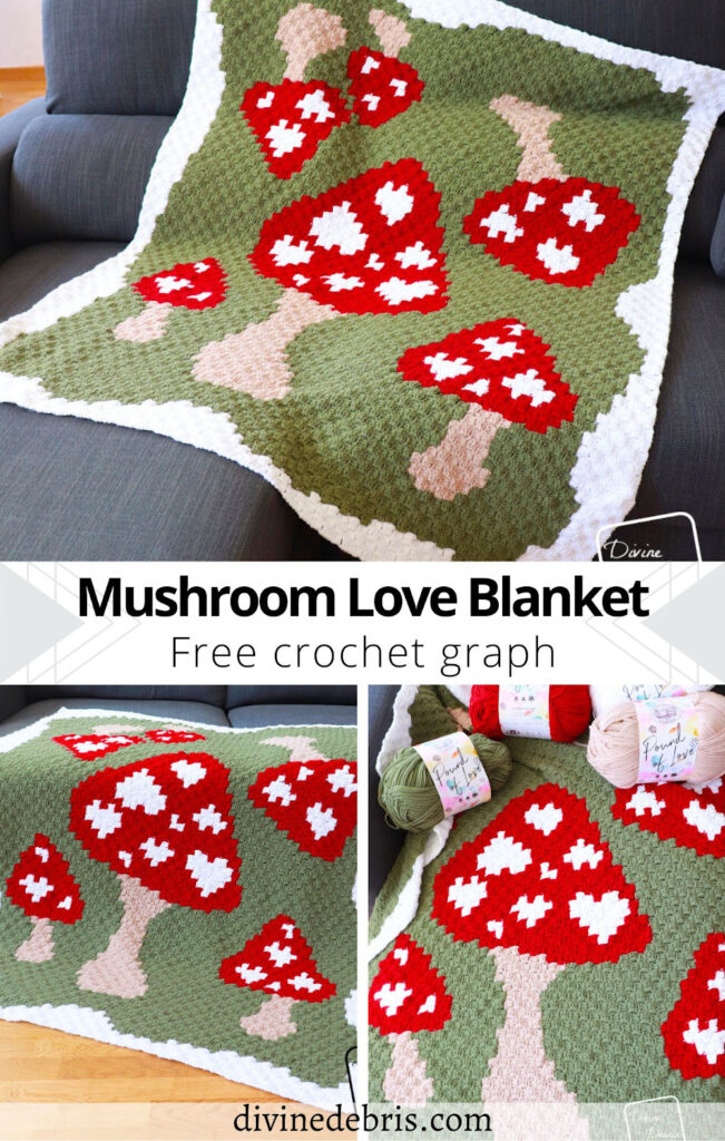 Learn to make the fun, textured, and cute Mushroom Love Blanket from a free crochet graph. Also great for knitting, tunisian crochet, cross stitch, and any fun fiber arts.