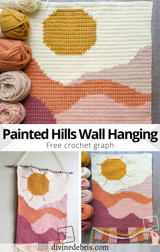 Learn to make the bright and colorful Painted Hills Wall Hanging from a free graph on Divine Debris. Great for crochet, knit, tunisian crochet, cross stitch and more.