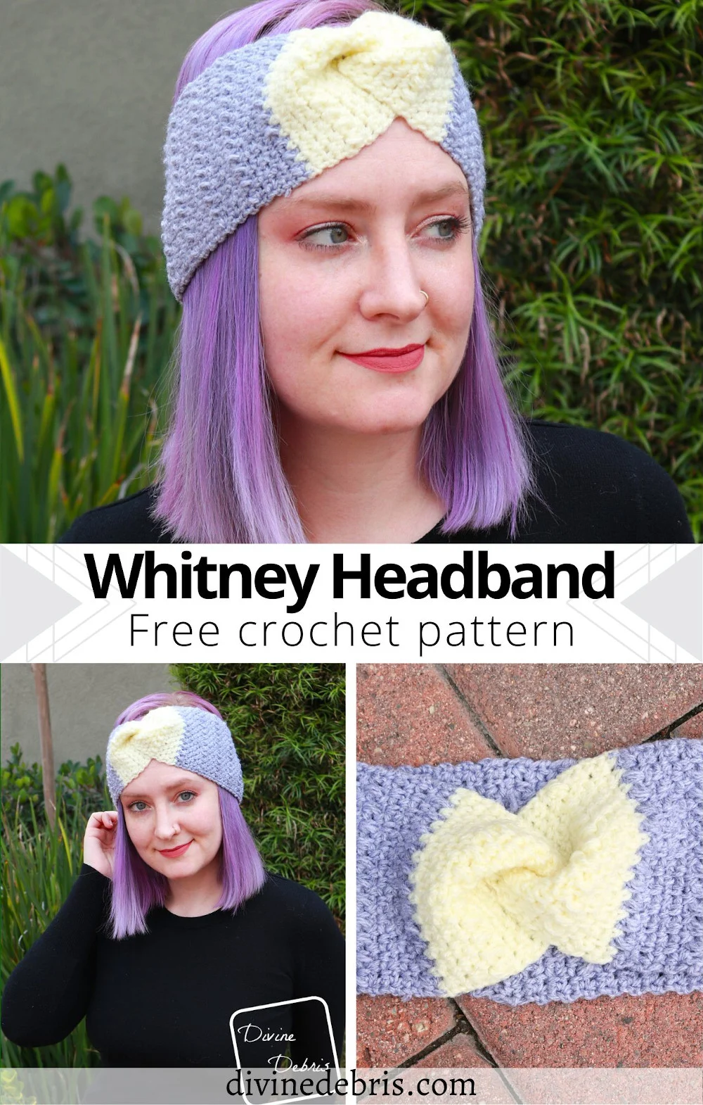 Learn to make the Whitney Headband, a crochet headband using the simple linen stitch combo, from a free crochet pattern on DivineDebris.com