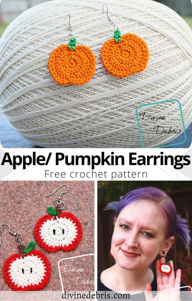 Learn to make the fun Fall Pumpkin/ Apple Earrings free crochet pattern by DivineDebris.com