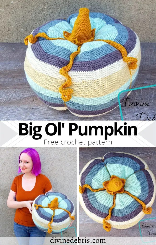 Learn to make the best Fall-o-ween decoration you could have, the Big Ol' Pumpkin from free crochet pattern by DivineDebris.com