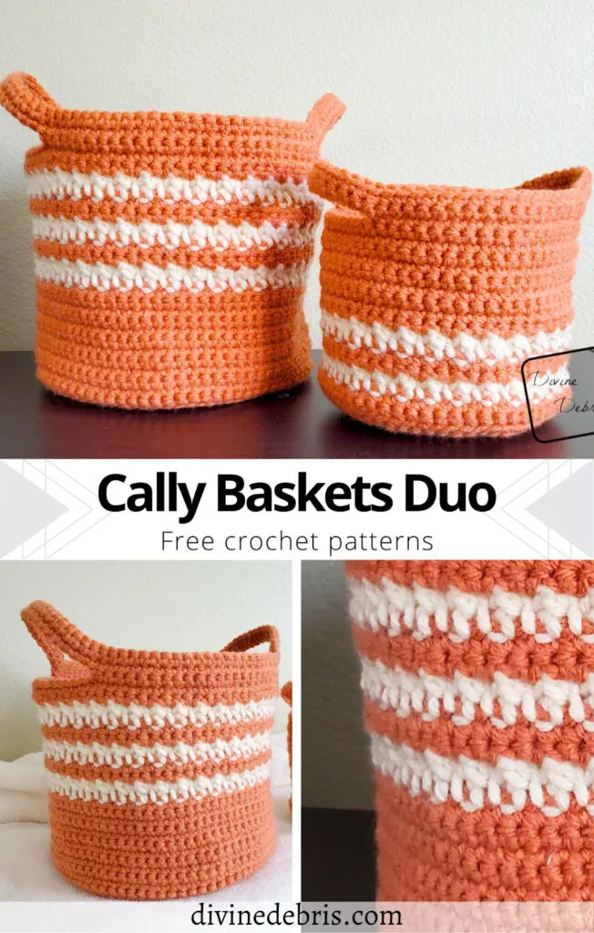 Learn to make not one but two really fun and colorful baskets, the Cally Baskets Duo from a free crochet pattern by Divine Debris.