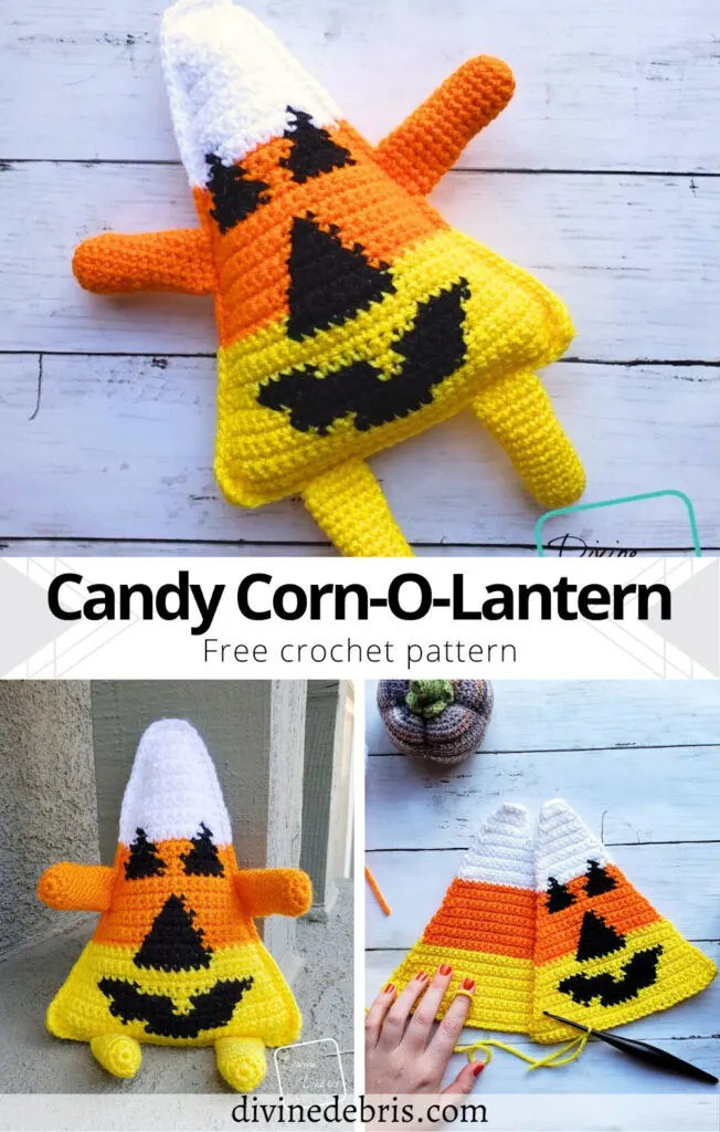 Learn to make this fun and silly Candy Corn-O-Lantern amigurumi from a free pattern on DivineDebris.com and be ready for Halloween in no time!