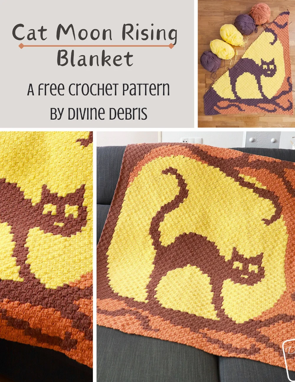 Learn to make the fun, classic, and Halloween inspired Cat Moon Rising Blanket from a free crochet graph by Divine Debris. Perfect crochet, knitting, Tunisian crochet, cross stitch, and any other fiber art.