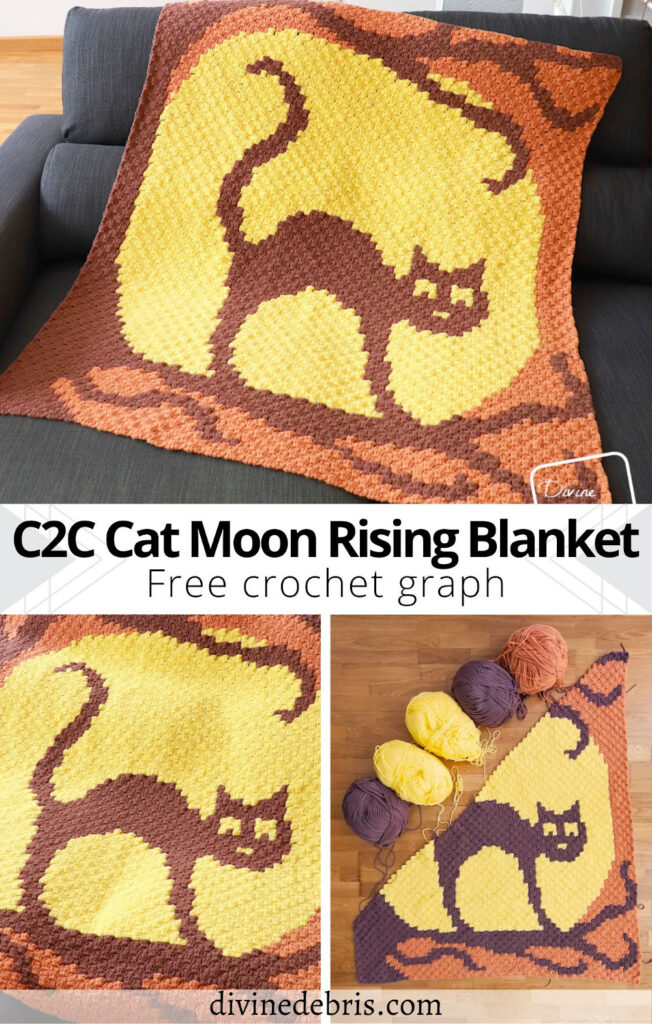 Learn to make the fun, classic, and Halloween inspired Cat Moon Rising Blanket from a free crochet graph by Divine Debris. Perfect crochet, knitting, Tunisian crochet, cross stitch, and any other fiber art.