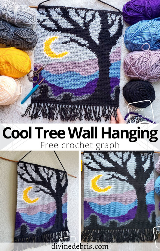 Learn to make the fun, spooky, and colorful Cool Tree Wall Hanging from a easy graph available for free on DivineDebris.com