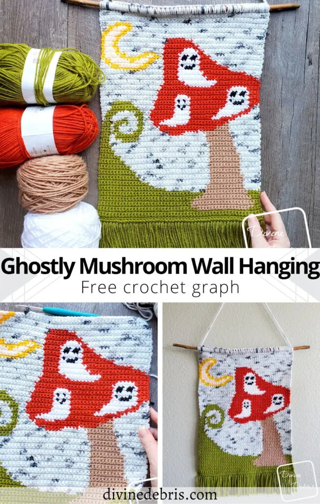 Learn to make this Halloween inspired piece of home decor, Ghostly Mushroom Wall Hanging, from a free graph designed by DivineDebris.com.