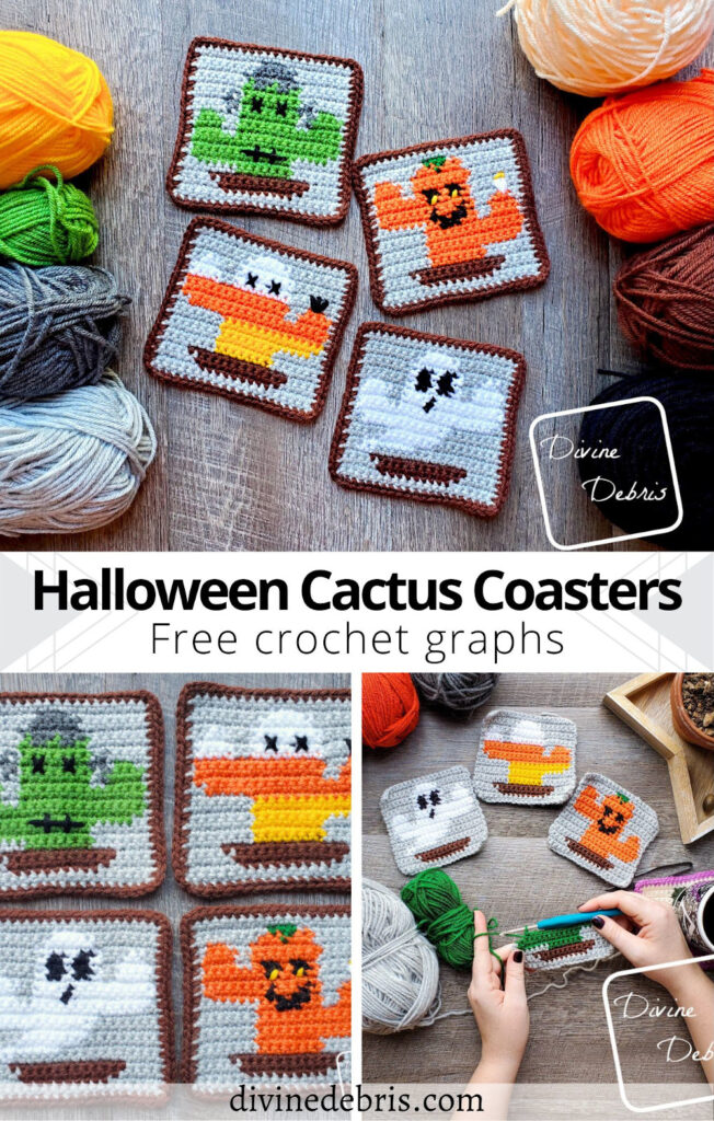 Learn to make the fun, creative, and festive Halloween Cactus Coasters crochet pattern free in graph form from DivineDebris.com