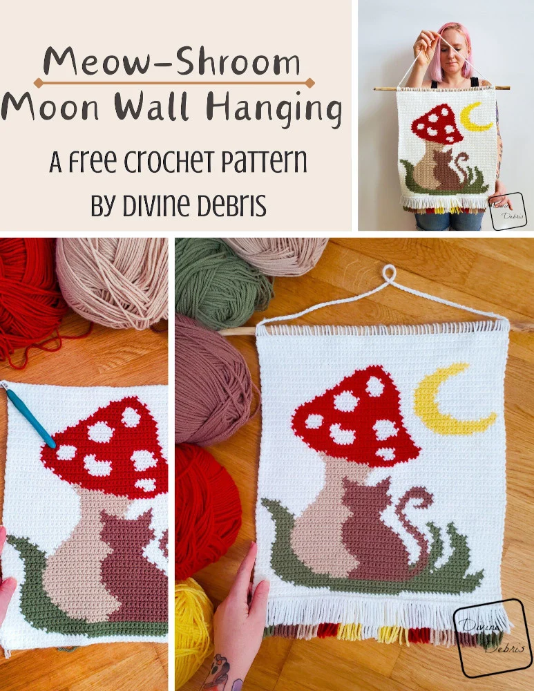 Learn to make the Meow-Shroom Moon Wall Hanging from a free crochet graph from Divine Debris. Great for crochet, knitting, Tunisian crochet, cross stitch, or any fiber art.