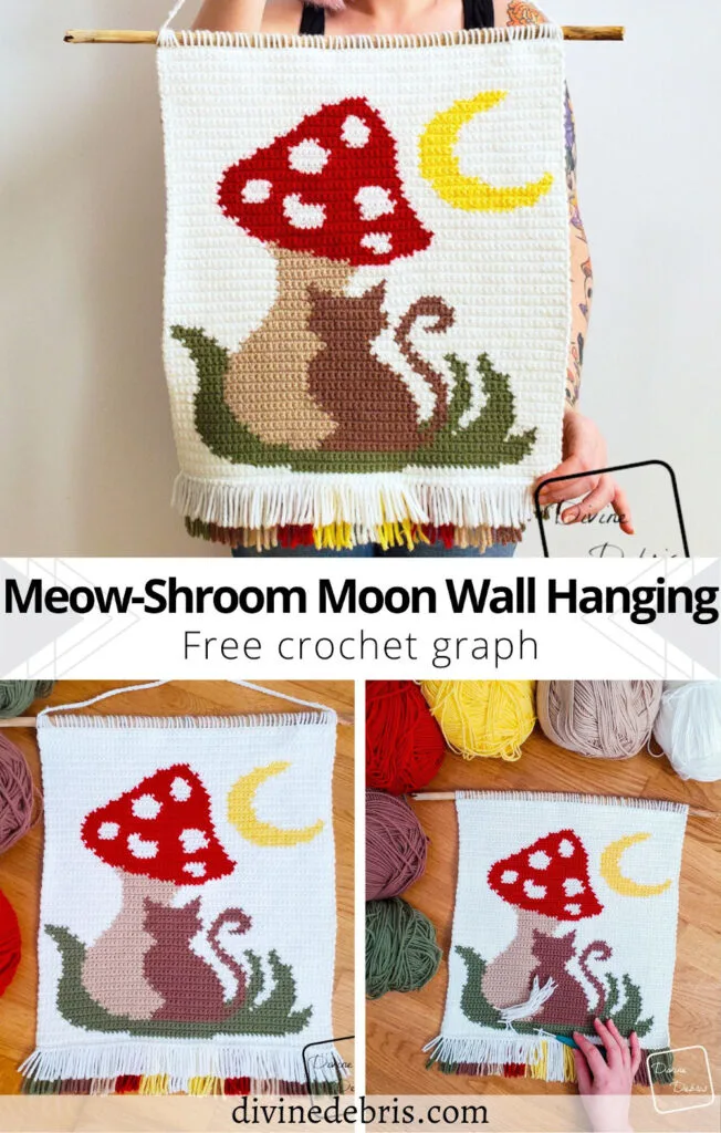 Learn to make the Meow-Shroom Moon Wall Hanging from a free crochet graph from Divine Debris. Great for crochet, knitting, Tunisian crochet, cross stitch, or any fiber art.