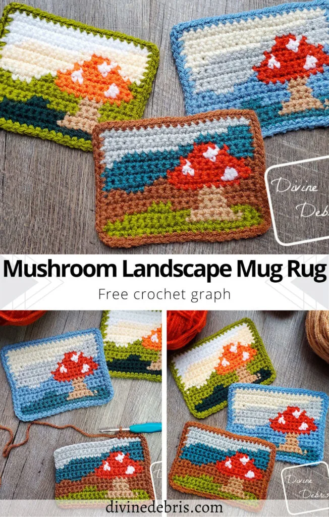 Learn to make this fun and colorful stash busting pattern, the Mushroom Landscape Mug Rug, from a free crochet graph by Divine Debris