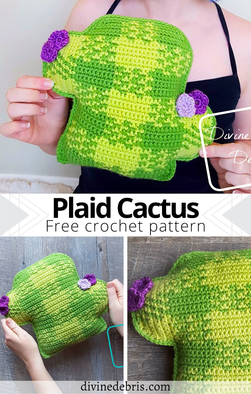 Learn to make a fun and excited plaid cactus (or a plain cactus) crochet amigurumi from this free pattern on DivineDebris.com