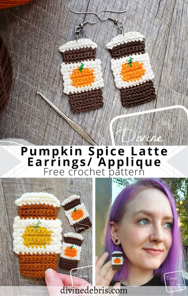 Be perfectly dressed for Fall with the Pumpkin Spice Latte Earrings/ Applique free crochet pattern by DivineDebris.com