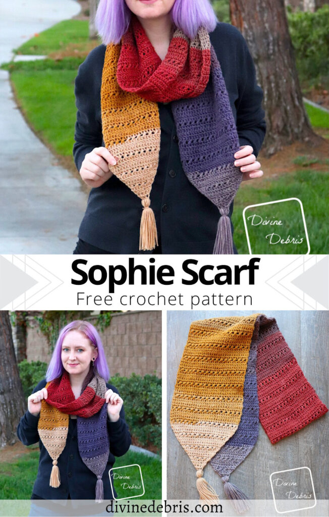 Learn to make the fun, simple, and textured Sophie Scarf from a free crochet pattern designed by DivineDebris.com