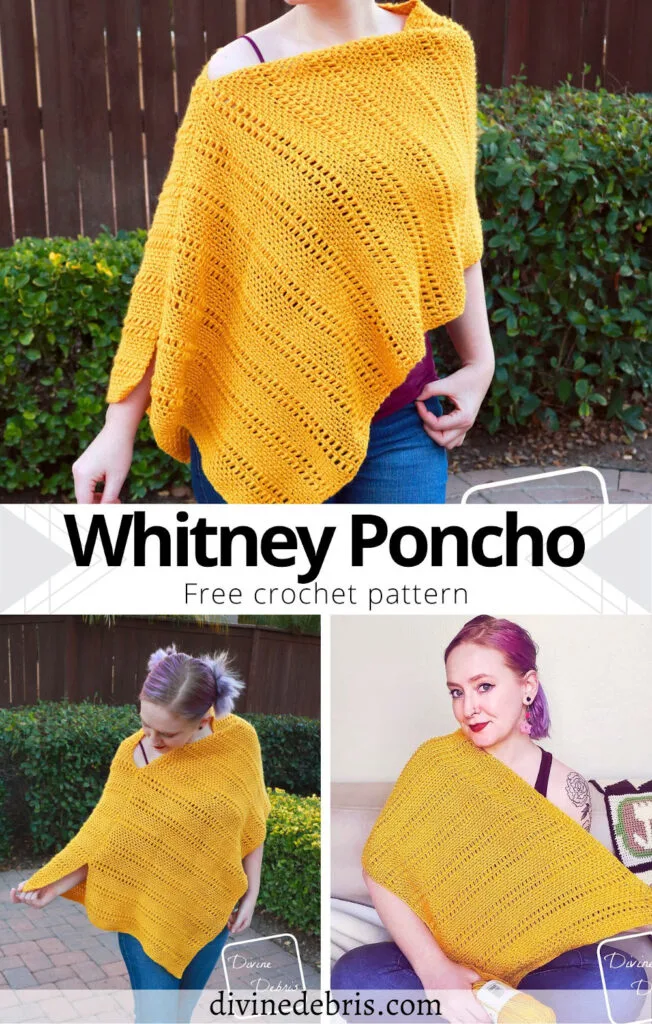 Learn to make the Whitney Poncho, a simple yet textured design that comes in sizes SM - 5X, from a free crochet pattern by DivineDebris.com