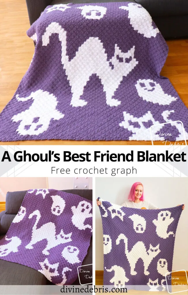 Learn to make the A Ghoul's Best Friend Blanket from a free c2c crochet graph. Perfect for Halloween crochet!