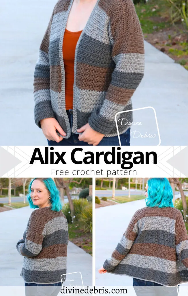 Learn to make the fun, colorful, textured, and easy Alix Cardigan from a free crochet pattern by DivineDebris.com