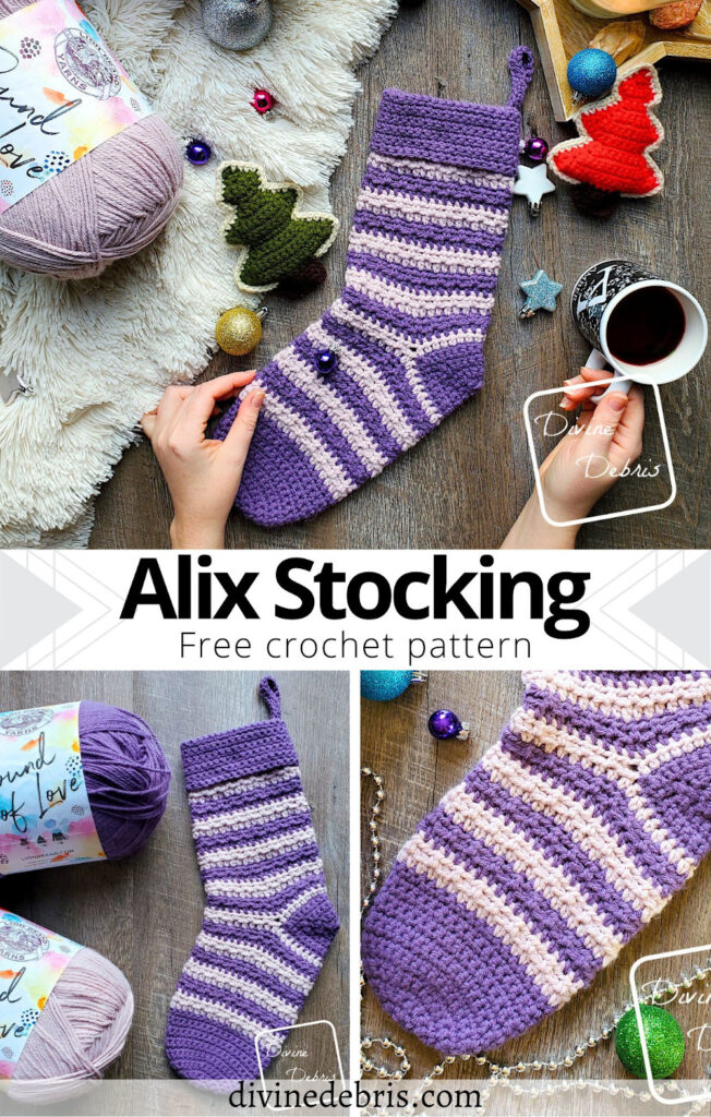 Learn to make the fun and easy Alix Stocking from a free crochet pattern by DivineDebris.com. Perfect for quick gifts and Christmas home decor