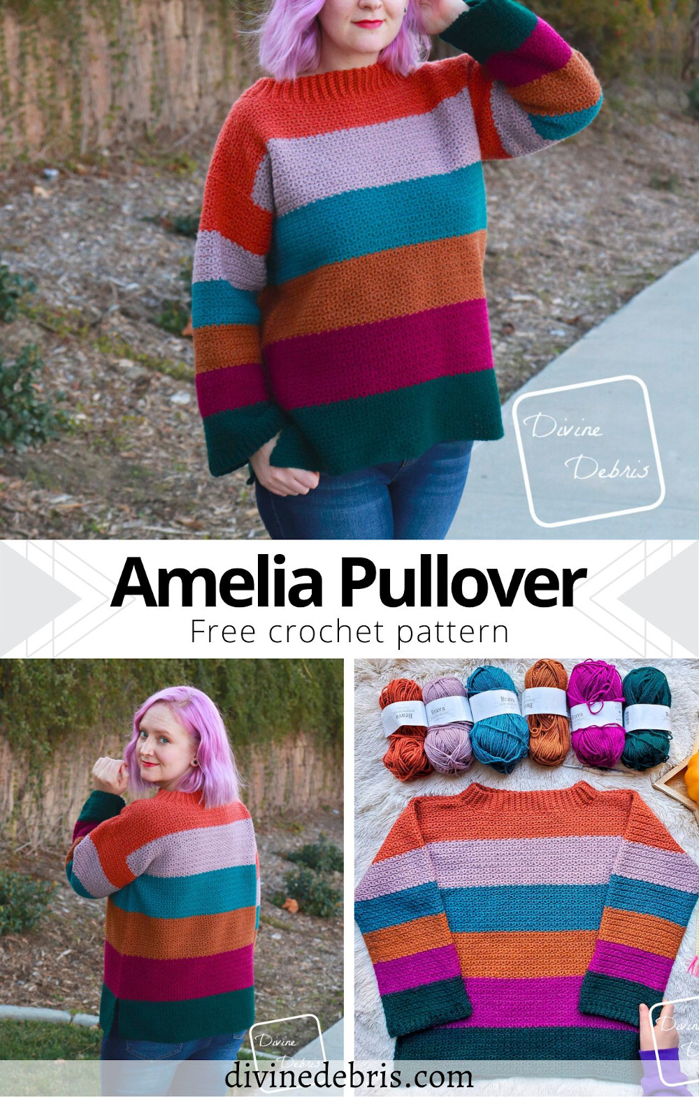 Have fun and learn to make the bold stripes and easy texture of the free Amelia Pullover crochet pattern by DivineDebris.com