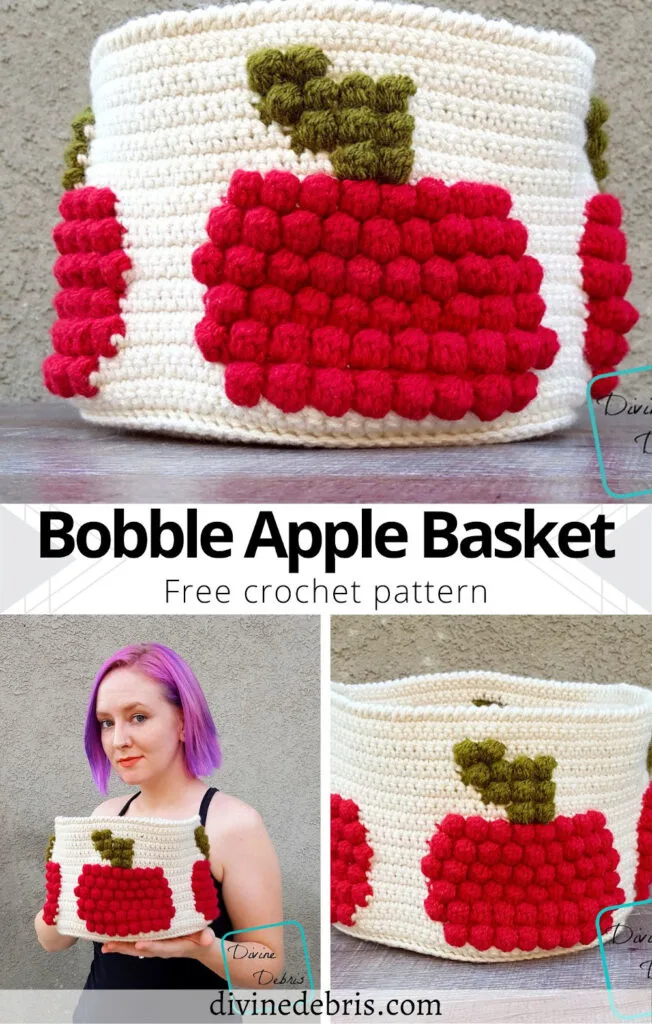 Learn to make this fun Fall basket design that combines bobbles and colorwork, Bobble Apple Basket from free crochet pattern by DivineDebris.com