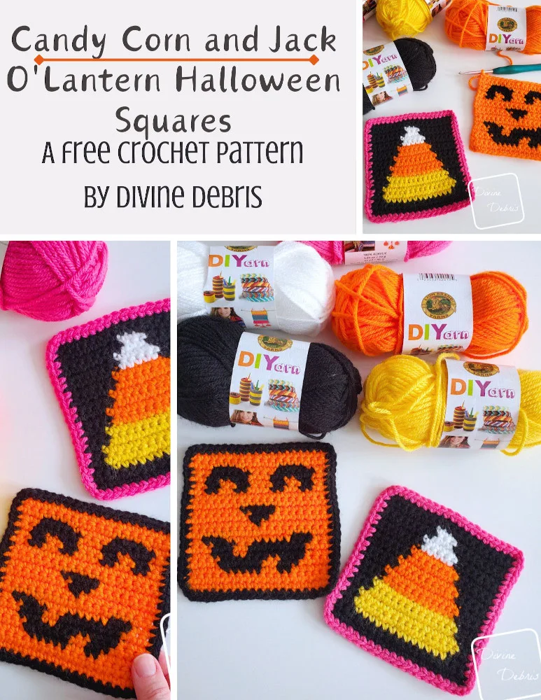 Learn to make the Candy Corn and Jack O'Lantern Halloween Squares from a free set of crochet graphs by Divine Debris. Perfect for blankets, knitting, cross stitch, coasters, or even a whole sweater.