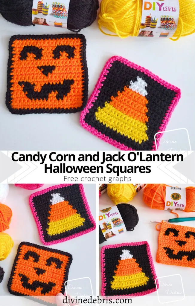 Learn to make the Candy Corn and Jack O'Lantern Halloween Squares from a free set of crochet graphs by Divine Debris. Perfect for blankets, knitting, cross stitch, coasters, or even a whole sweater.