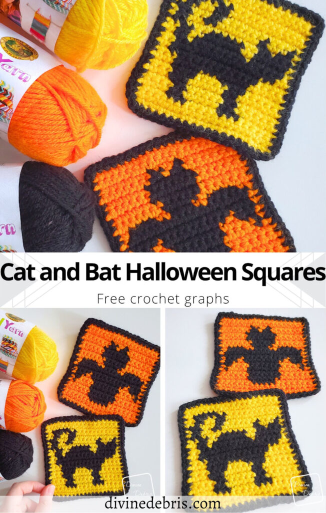 Learn to make the Cat and Bat Halloween Squares from a free set of crochet graphs by Divine Debris. Perfect for blankets, knitting, cross stitch, coasters, or even a whole sweater.